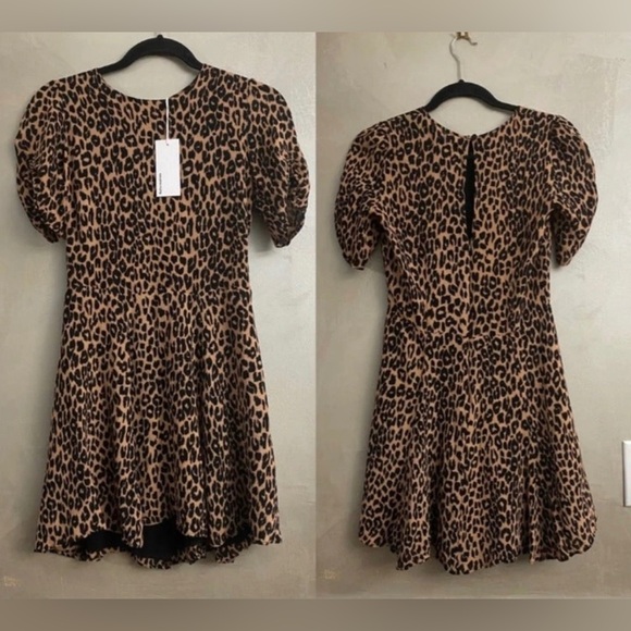 NWT Reformation Gracie Ruched Short Sleeve Leopard Print Mini Fit & Flre - Picture 9 of 9